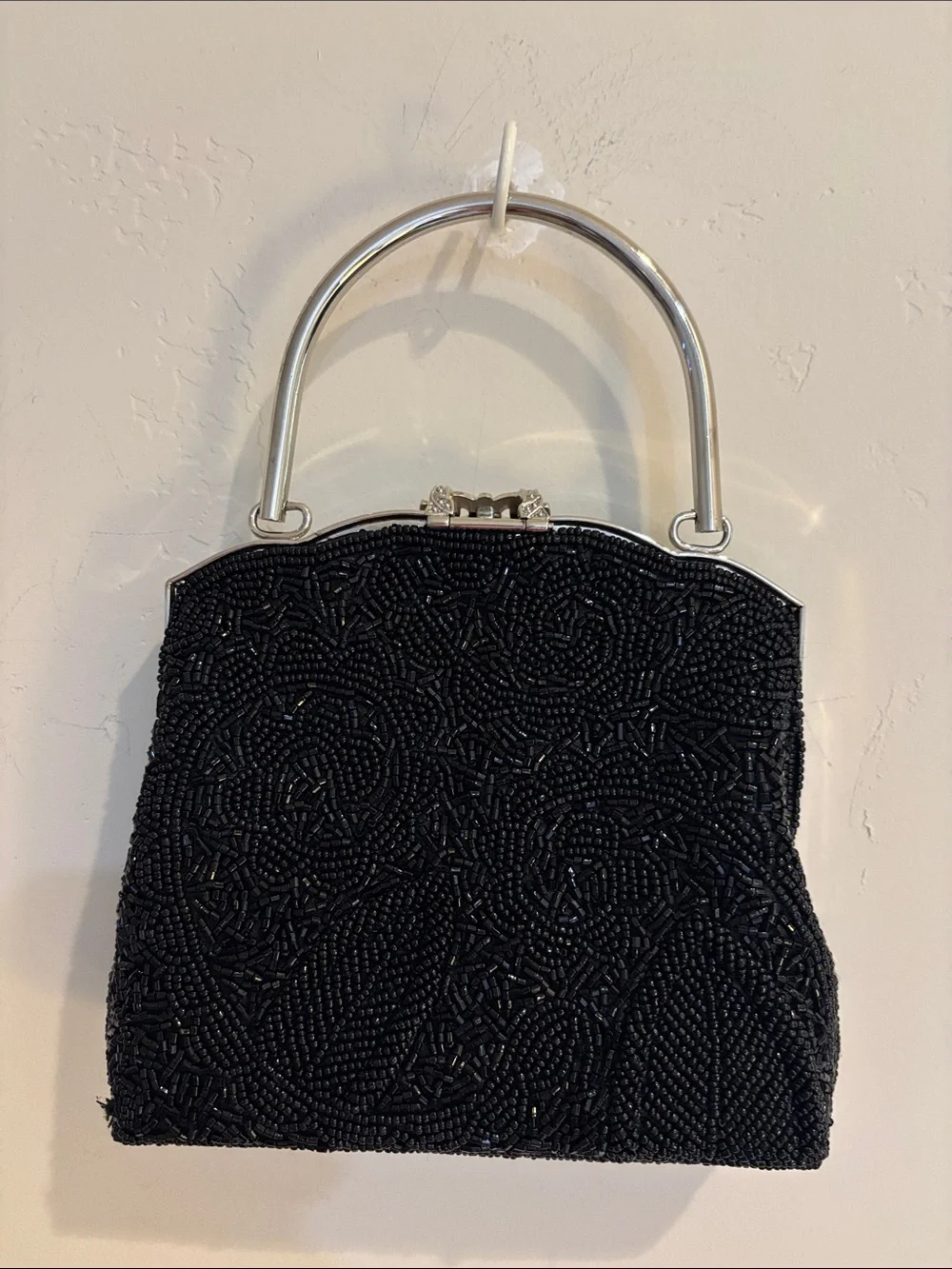 Small Black Beaded w metal Handle Evening Bag, satin lining